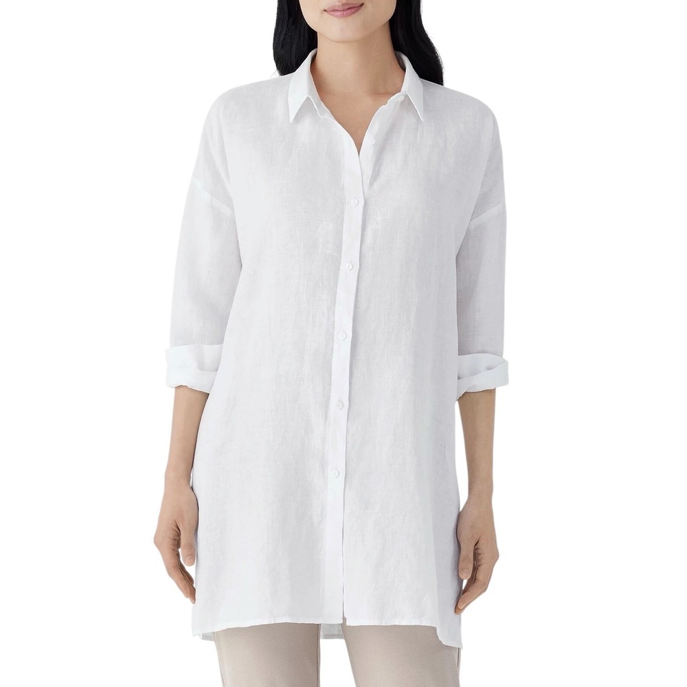 Eileen Fisher Woman White Linen Button Down Tunic Shirt Plus Size 2X Relaxed Fit